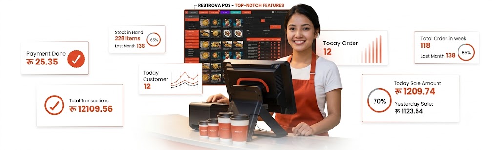 Restrova restaurant POS dashboard with billing, stock, orders and sales analytics